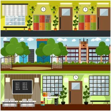 School interior vector flat poster set Illustrazione stock