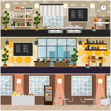 School interior vector flat poster set Stock Illustration