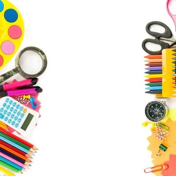 School items and accessories isolated on white. Free space for text. Collage. 스톡 사진
