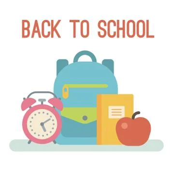 School items: backpack, alarm clock, copy book and apple on white background  Stock Illustration