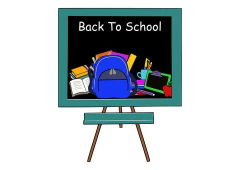 School items on a black board with text: Back to school. イラスト素材