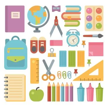 School items flat icon set. Back to school Stock Illustration