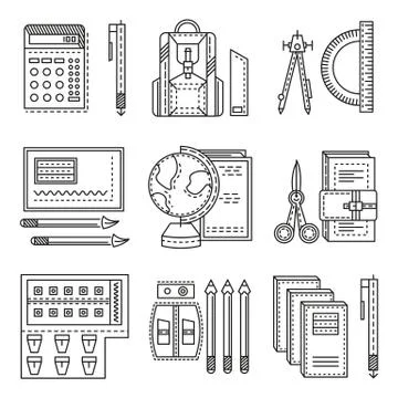 School items flat line icons Stock Illustration