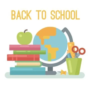 School items: pile of books, apple, globe, pin, glass with scissors, ruler an Stock Illustration
