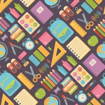 School items seamless pattern on dark background. Back to school Illustrazione stock