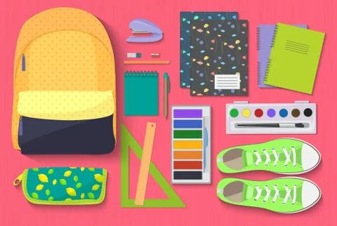 School Items set on bright background. Learn and Study concept vector Stock Illustration
