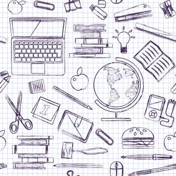 School items on a sheet of exercise book. Back to School. Ball pen drawing Illustrazione stock