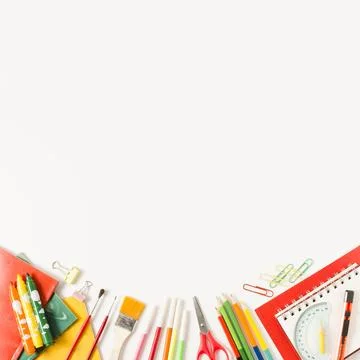 School items white background flat lay Stock Photos