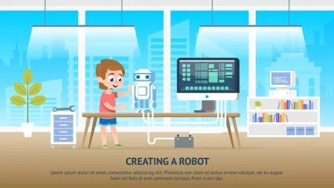 School Kid Character Creating a Robot at Classroom Stockillustratie