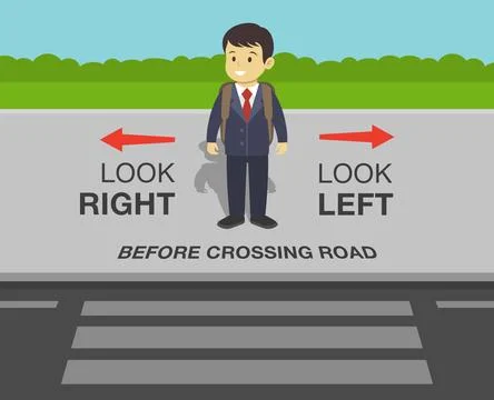 School kid is going to cross the road. Look right, look left safety rule. Stock Illustration