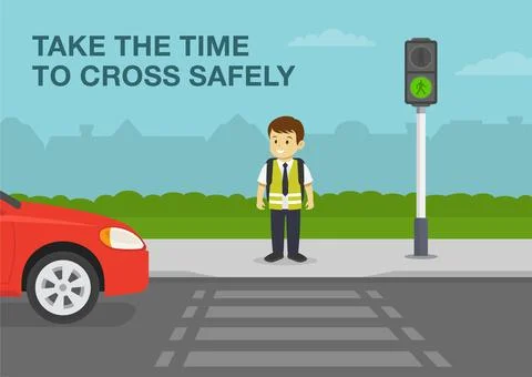 School kid is going to cross the road. Waiting at zebra crossing before crossing Stock Illustration