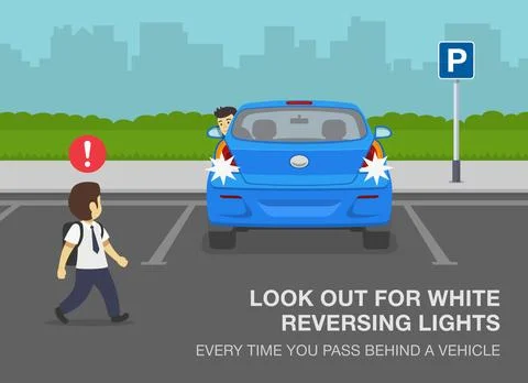 School kid is passing behind a reversing blue car. Look out for white reversing Stock Illustration