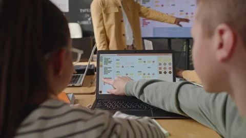 School Kids Discussing Computer Algorithm on Laptop Screen Stock Footage 245458406