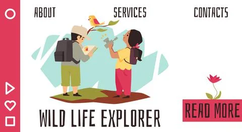 School kids explore wild life, cartoon boy, girl on nature expedition in flat Stock Illustration