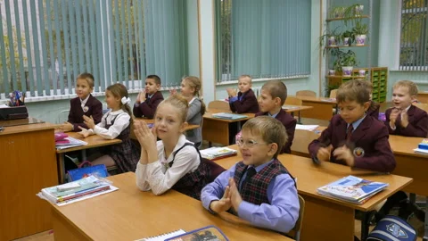 School kids sitting at their desks in classroom and applauding Stock Footage 88333554