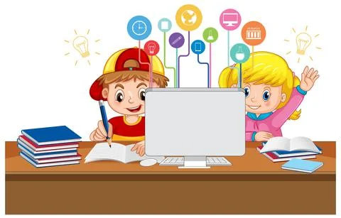 School kids study in front of computer Illustrazione stock