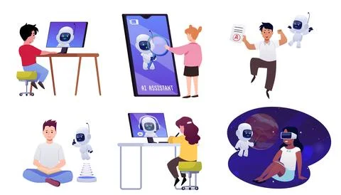 School kids studying with chat bot, Artificial intelligence support, digital Stock Illustration