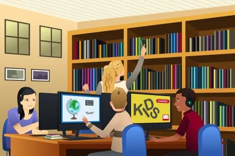 School Kids Using Computers in the Library Stock Illustration