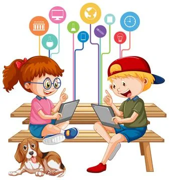 School kids using tablet with a cute dog 스톡 일러스트