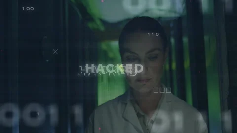 In school lab, scientist working with animation of hacked text and digital code Stock Footage 304860285