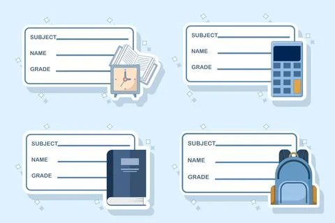 School label set, cartoon notebook tags, student identification stickers. Ilustración de archivo