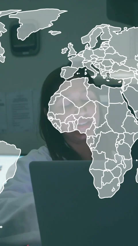 In school laboratory, scientists working with computers, world map animation Stock Footage 319883286