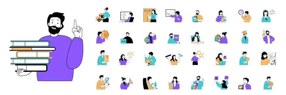 School learning concept with character situations mega set in flat web design 库存插图