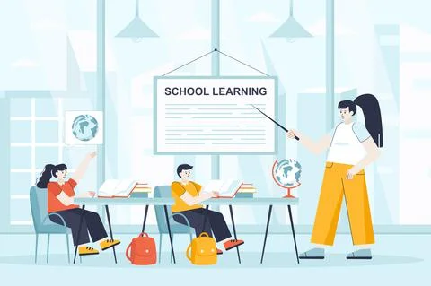 School learning concept in flat design. Pupils in lesson at classroom scene. Boy Stock Illustration