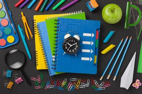 School learning concept with flat lay of school items Photos