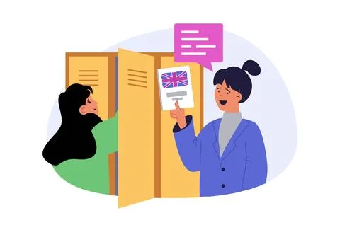 School learning concept in modern flat design for web. Classmates girls tal.. 库存插图