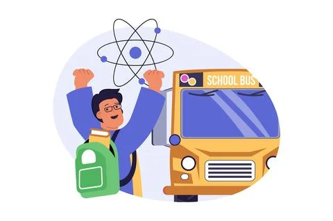 School learning concept in modern flat design for web. Happy schoolboy with.. Illustrazione stock
