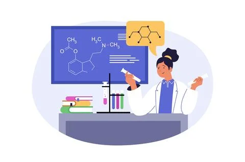 School learning concept in modern flat design for web. Woman working at lab.. 스톡 일러스트