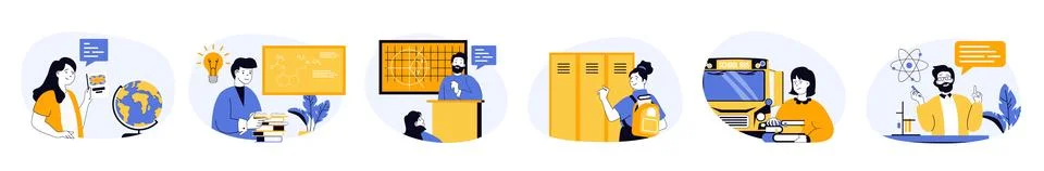 School learning concept set with characters in flat design for web. People st 스톡 일러스트