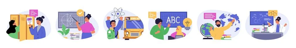 School learning concept set in flat design for web. Collection with people st Illustrazione stock
