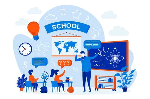 School learning web design concept with people. Pupils and teacher in classro Illustrazione stock
