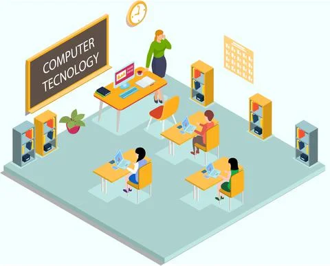 School lesson computer technology. Pupils studying and working on tablet pc in Stock Illustration