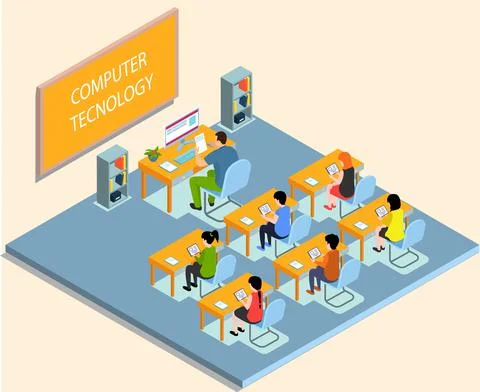 School lesson computer technology. Pupils studying and working on tablet pc in Stock Illustration