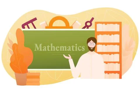 School lesson study objects, geometrical shapes, male professor on light Illustrazione stock