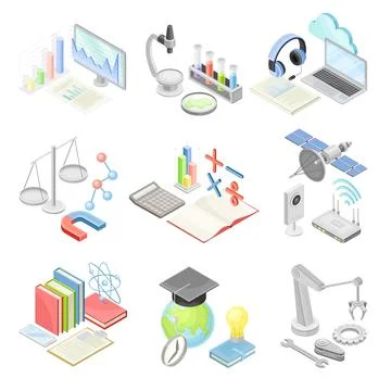 School lesson subjects set set. Education supplies and equipment, Distance and Stock Illustration