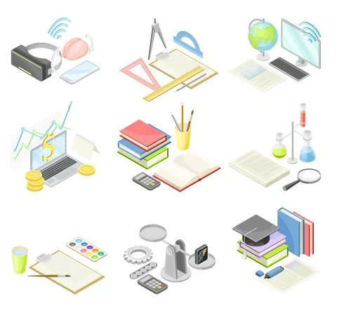 School lesson subjects set set. Education supplies and equipment isometric 스톡 일러스트