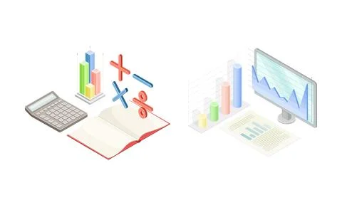 School Lesson with Supplies for Math and Computer Technology Subject Isometric Stockillustratie