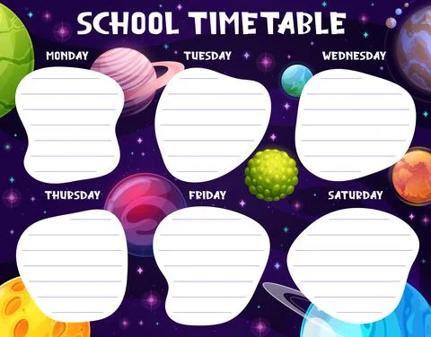 School lesson timetable with cartoon space planets Illustrazione stock