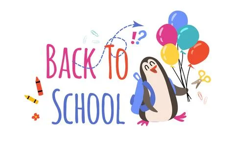 School lettering flat style. Cute penguin with school supplies and ballons. V Stock Illustration