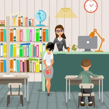 School library and reading room. The young librarian gives out t Stock Illustration