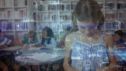 School library girl tapping tablet, generating animated network graphics for Stock Footage 320287922
