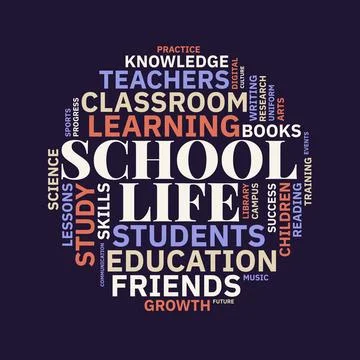 School Life Education Word Cloud Vector Illustration with Related Academic .. Illustrazione stock