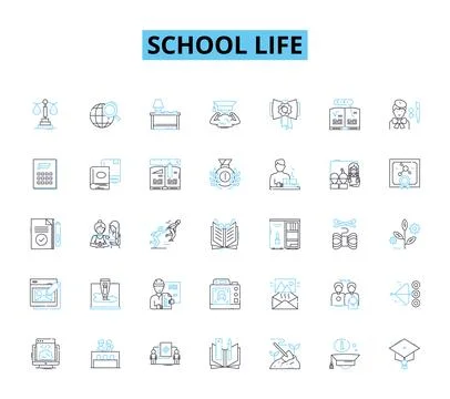School life linear icons set. Education , Homework , Exams , Friends , Teachers Stock Illustration