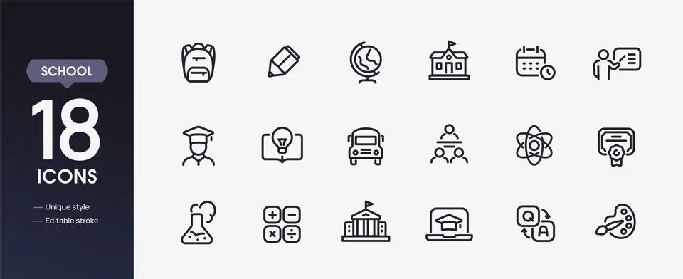 School line icon set. Simple symbols with pencil, backpack, school bus, teacher イラスト素材