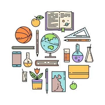 School linear vector icons in round composition Stock Illustration