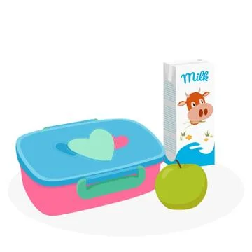 School lunch box set with milk and apple. Kids school lunch with healthy food Stock Illustration